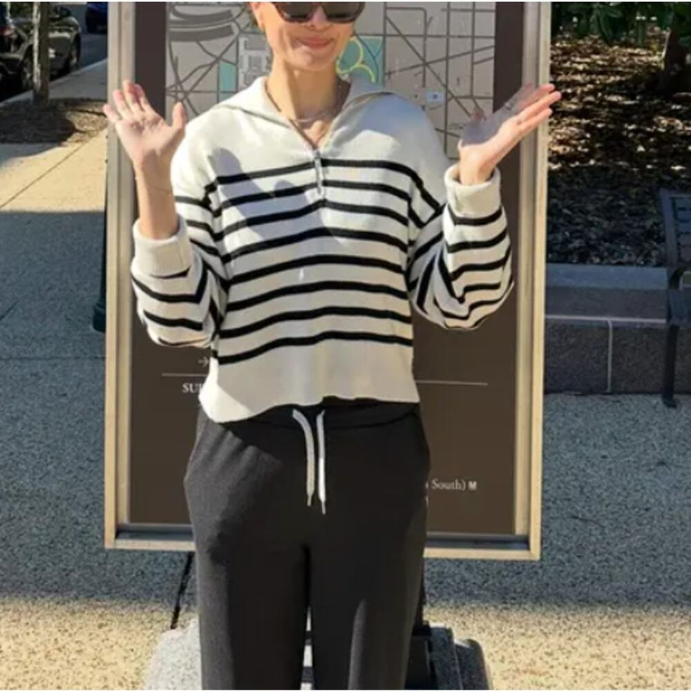Marissa Webb Striped Quarter Zip Sweater SMALL Fold Over Oversized Nautical $265 - Picture 4 of 15
